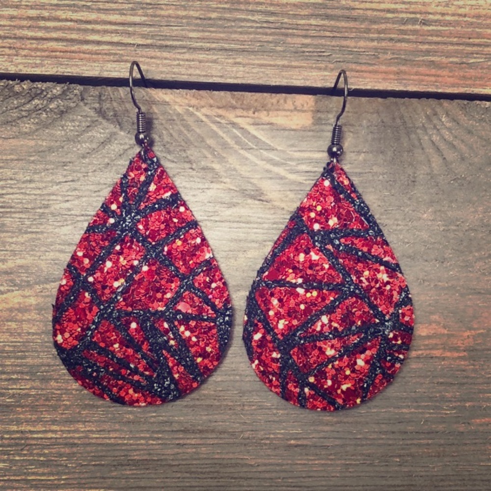 Red and black glitter faux leather earrings